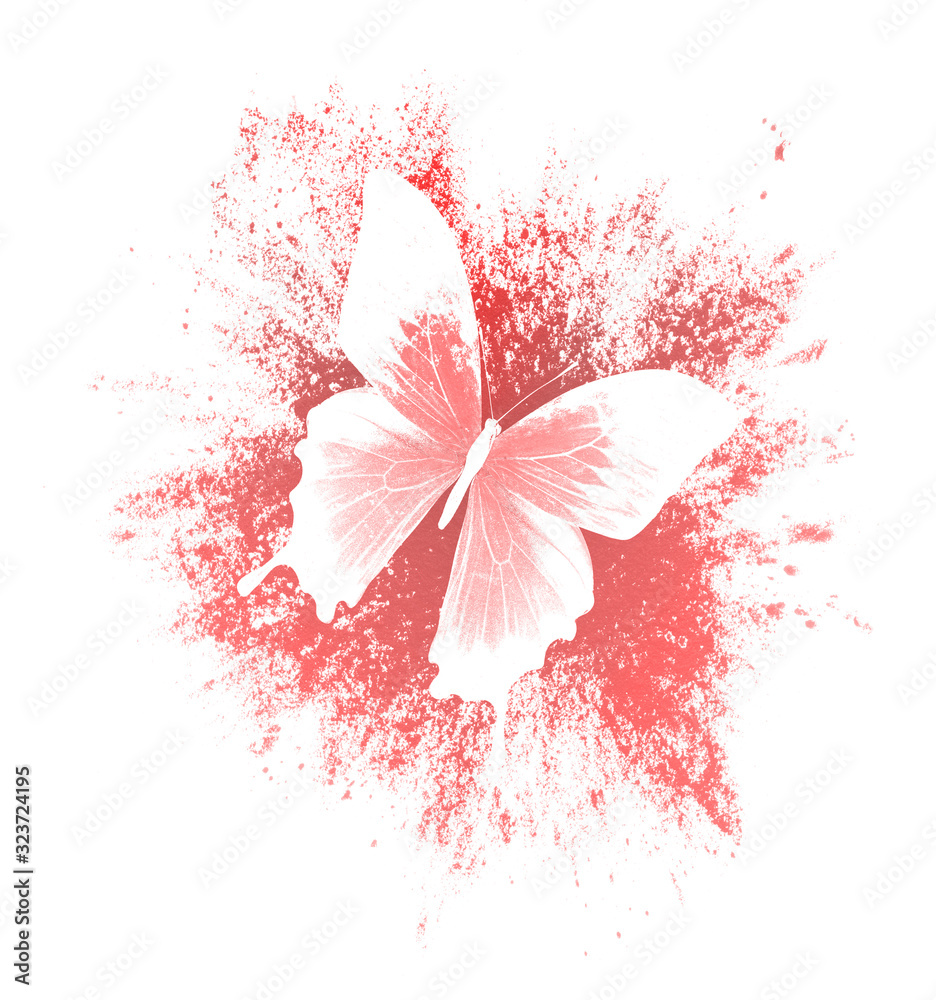 Poster color paint splashes with butterfly isolated on a white background. print for the designer