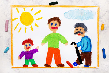 Photo of colorful drawing: Aging process and life cycle. A child, an adult and an elderly person.