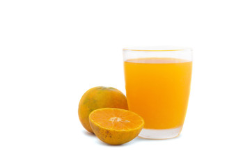 glass of juice and orange isolated on white background