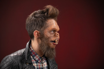 Portrait of Monkey man. Monkey man cinematic make-up for horror movie
