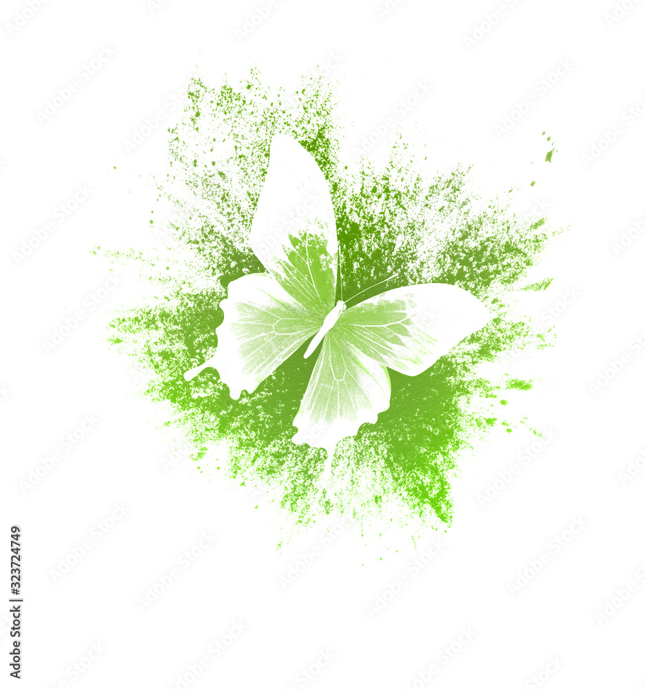 Poster color paint splashes with butterfly isolated on a white background. print for the designer