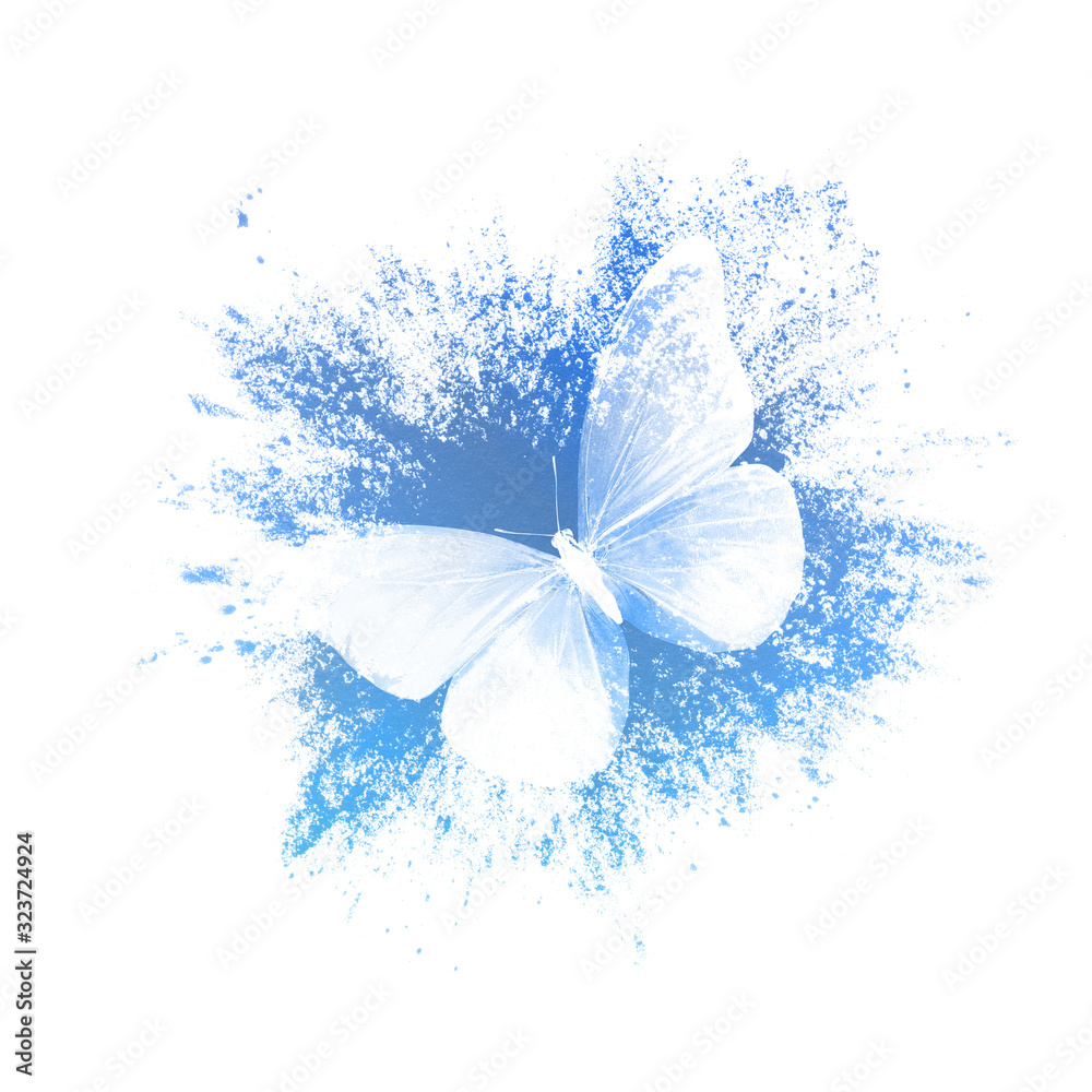 Poster color paint splashes with butterfly isolated on a white background. print for the designer