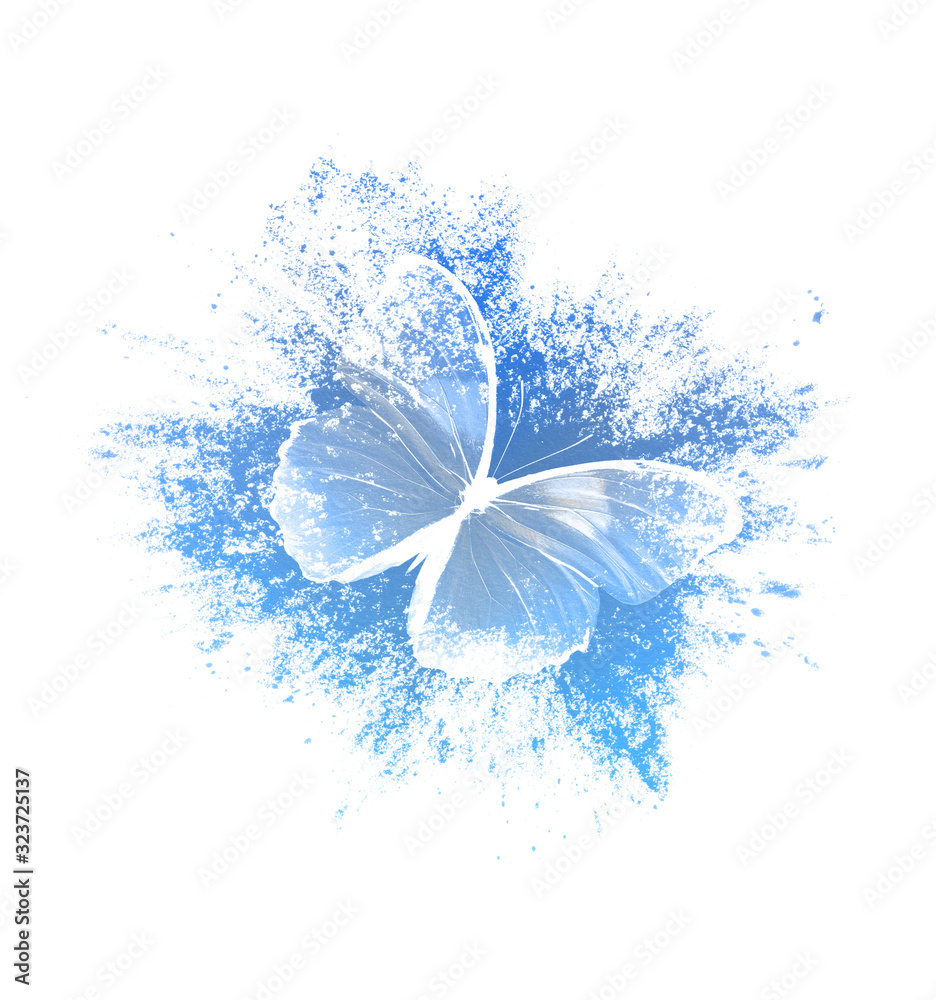 Poster color paint splashes with butterfly isolated on a white background. print for the designer