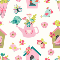 Seamless pattern with spring flowers, garden tools, animals, butterflies, birds for fabric, wallpaper, textile, baby and children products. Vector cute hand drawn print illustration with animals