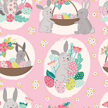 Easter Bunny Rabbits With Basket Of Eggs And Spring Flowers Vector Hand Drawn Illustration. Scandinavian Style. Cute Baby And Girly Seamless Pattern With Animals And Flowers, Fabric, Wallpaper Design.