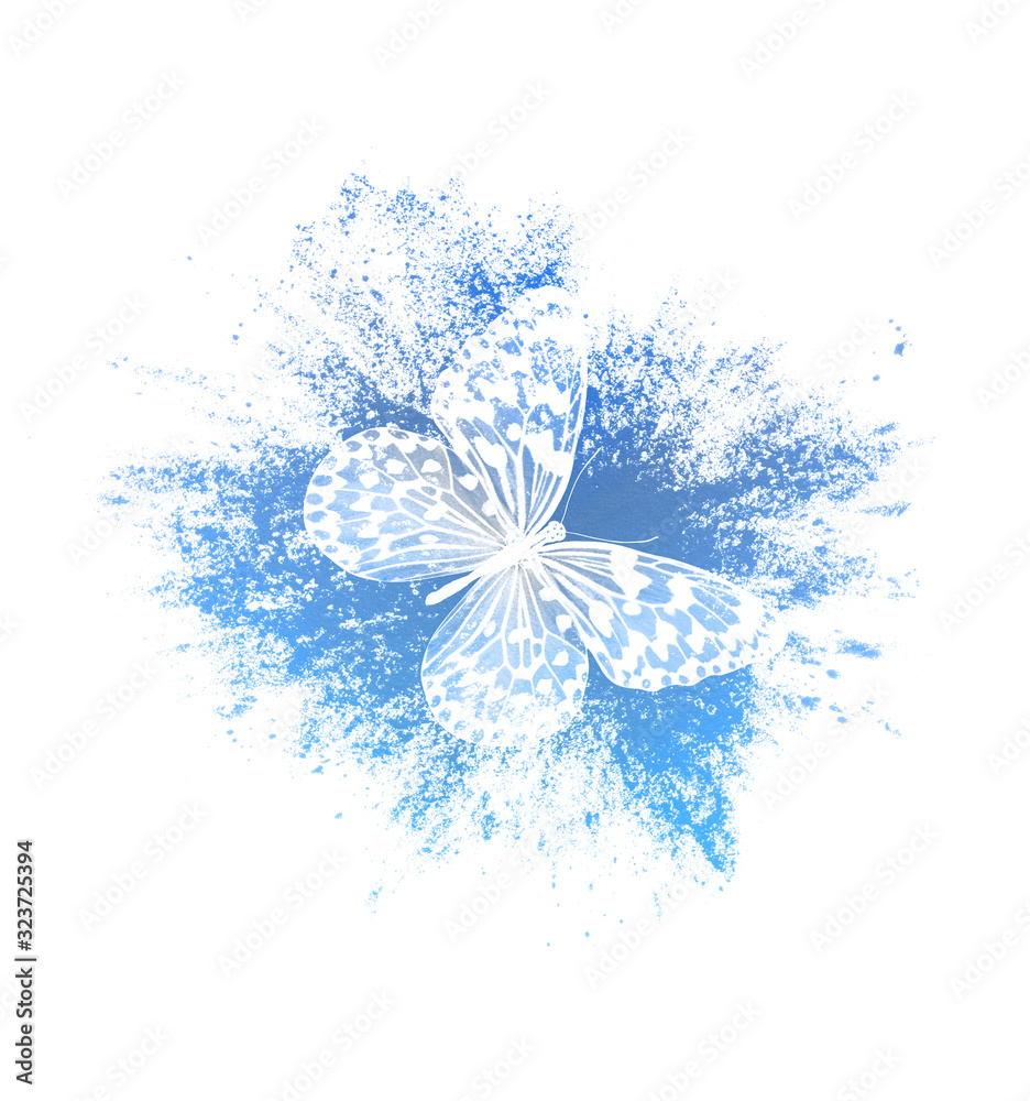 Poster color paint splashes with butterfly isolated on a white background. print for the designer