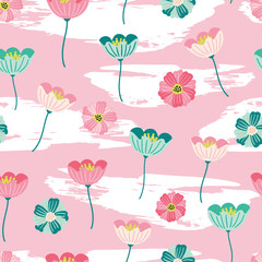 Seamless pattern with cute hand drawn spring flowers for fabric, textile, wallpaper, kids and children clothing, stationery, girly products. Whimsical flowers in scandinavian style