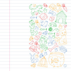 Fototapeta premium Pet shop. Vector illustration with animals, dog, cat, fish, Colorful background with kitten, bird, puppy. Veterinarian clinic.