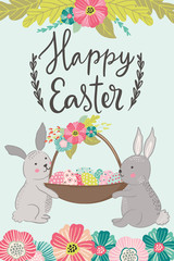 Happy Easter greeting card design with cute hand drawn illustration of bunny rabbit and easter eggs. Egg hunt and party invitation template, poster, banner, design in scandinavian style illustration.