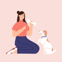 Human and puppy friendship flat cartoon illustration in vector.