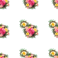 Creative March 8th seamless texture. Number 8 made of hole and colorful roses. Isometric view