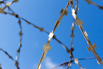 barbed wire against the blue sky