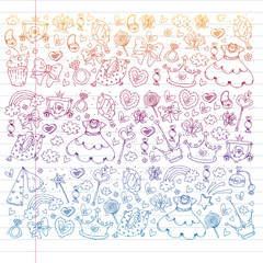 Princess birthday party for little girls. Kindergarten, school children picture. Illustration for children with castle, fairy, dress, crown.