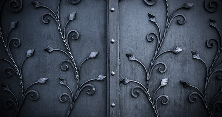 Details, structure and ornaments of forged iron gate. Floral decorative ornament, made from metal.