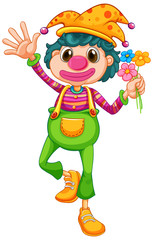Funny clown in jumpsuit and beautiful flowers