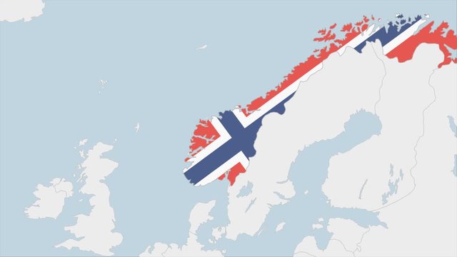 Norway map highlighted in Norway flag colors and pin of country capital Oslo.