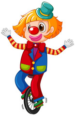 Happy clown cycling wheel on white background