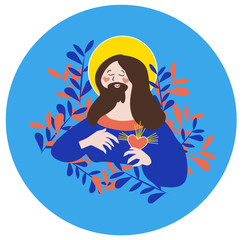 Cute bright colorful vector illustration of Jesus on an easter egg with pink and blue plant pattern on the background