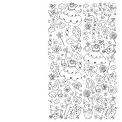 Princess birthday party for little girls. Kindergarten, school children picture. Illustration for children with castle, fairy, dress, crown.