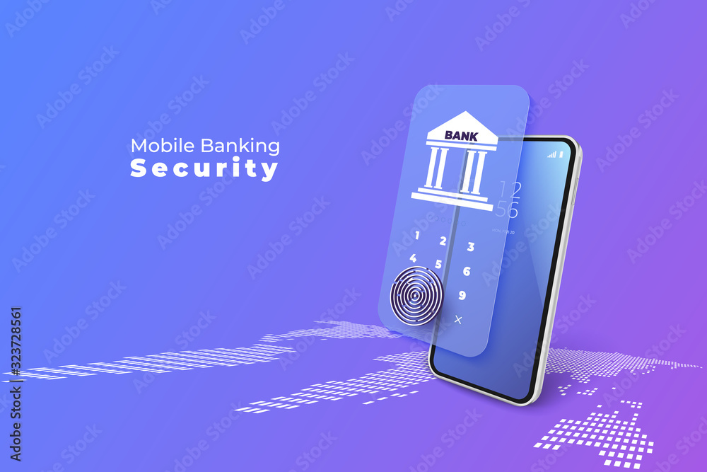 Poster Business finance service with mobile application. Fingerprint on login screen with security concept. vector isometric 3d illustration.