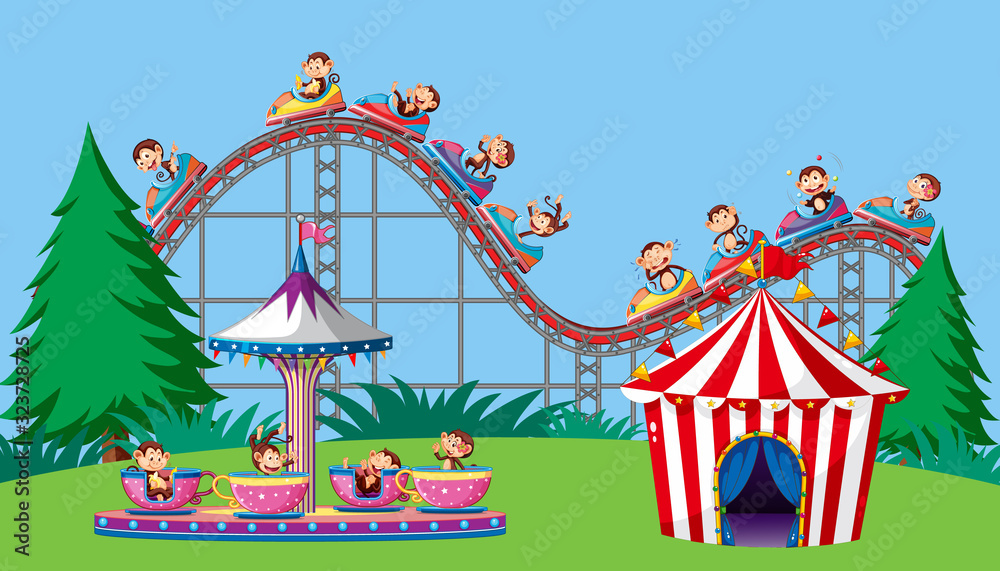 Sticker Scene with monkeys on circus ride in the park