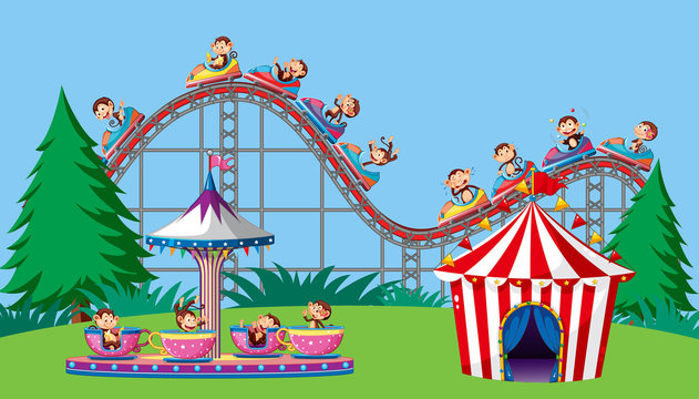 Scene with monkeys on circus ride in the park