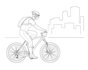Cyclist outline side view in a helmet on a city background. Healthy lifestyle, environmentally friendly city transport.