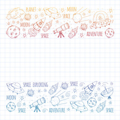 Space vector illustration. Science, technology pattern. Rocket and spaceships.