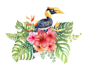 Watercolor tropical Great hornbill in Hibiscus bouquet Elements layer path, di-cut alpha path clipping path isolated on white background for wedding greeting card.