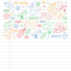 Fototapeta premium Space vector illustration. Science, technology pattern. Rocket and spaceships.