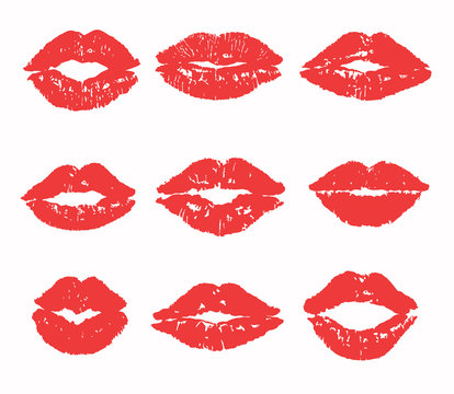 Kiss trace set (red, pink lipstick). Flat lip vector silhouette. Traces of sexy woman kisses isolated on transparent background. Love sign, romantic stamp, imprint, symbol. Female mouth icon, logo.   