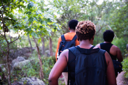Diverse friends hiking mountain walking trail