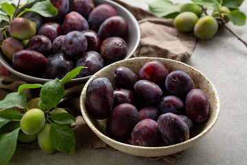 Fresh plums in bowls, fresh fruits