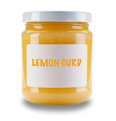 SIngle jar of Lemon Curd, with white label saying Lemon Curd, isolated on a white background