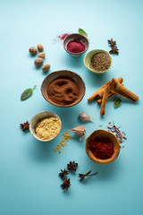 Seasoning set on blue background