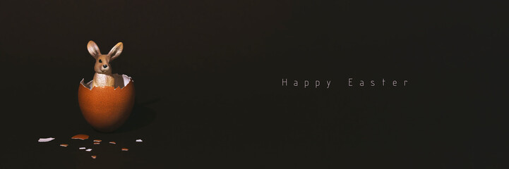 Easter egg, eggshell and bunny on dark background with copyspace and text. Banner of moody...