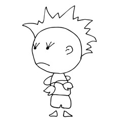 Coloring book for kids - Sad offended blond boy cartoon illustration standing with folded arms. Child  is expressing resentment. Vector flat image isolated on white background.