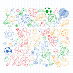 Vector pattern with sport elements. Fitness, games, exercises. Doodle icons in kids drawing style