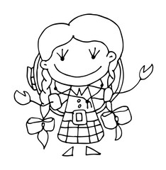 Coloring book for kids - cute leprechaun girl cartoon character. St Patricks day. 17 March. Black and white cute cartoon hand drawing kids. Vector illustration.