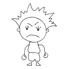 Coloring book for kids - Angry boy. Child  is expressing anger. Excitement and frown. Cartoon characters, vector illustrations, isolated on white background.