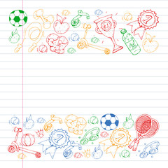 Vector pattern with sport elements. Fitness, games, exercises. Doodle icons in kids drawing style