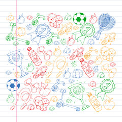 Fototapeta na wymiar Vector pattern with sport elements. Fitness, games, exercises. Doodle icons in kids drawing style