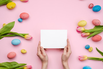 Naklejka na ściany i meble Female hands holding an empty template mockup white blank on a pink Easter background
