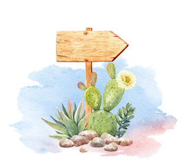 Watercolor cactus cacti and succulents with wood sign board. Cacti, Cactus, Flower digital file isolated on white background. This has clipping path.