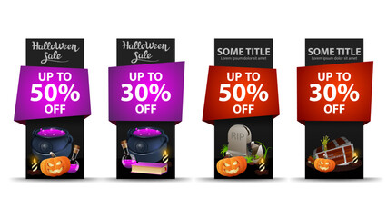 Halloween sale, up to 50, up to 30, large set black Halloween discounts vertical banners with Halloween characters