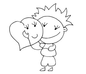 Coloring book for kids - smiling boy holding heart in his hands. Be my Valentine. Valentines day. 14 February. Black and white cute cartoon hand drawing kids. Vector illustration.	