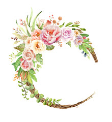 Rose paint, watercolor rose floral illustration, Leaf and buds, Botanic composition layer path, clipping path 