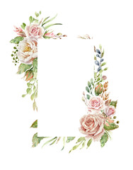 Rose paint, watercolor rose floral illustration, Leaf and buds, Botanic composition layer path, clipping path 