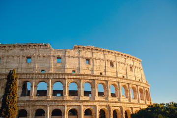 Obraz premium Colosseum or Coliseum ancient ruins background blue sky Rome, Italy