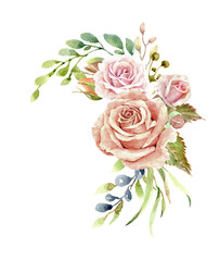 Rose paint, watercolor rose floral illustration, Leaf and buds, Botanic composition layer path, clipping path 